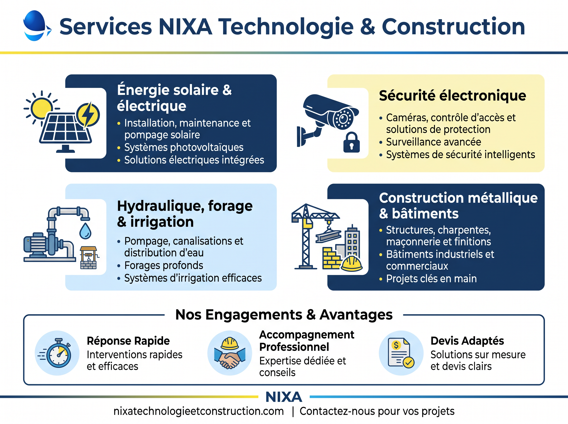 Infographie premium des services NIXA Technologie et Construction